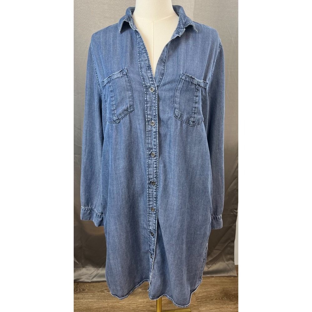 Velvet Heart Women Blue Denim Western Shirt Dress Long Roll Tab Sleeve Medium